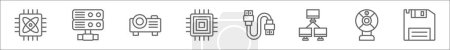 outline set of computer and hardware line icons. linear vector icons such as quantum computing, server, projector, microprocessor, hdmi cable, lan, webcam, floppy disk