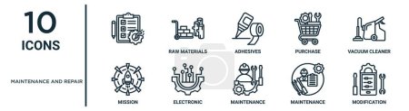 maintenance and repair outline icon set such as thin line , adhesives, vacuum cleaner, electronic, maintenance, modification, mission icons for report, presentation, diagram, web design