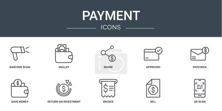 Photo for Set of 10 outline web payment icons such as barcode scan, wallet, share, approved, paycheck, save money, return on investment vector icons for report, presentation, diagram, web design, mobile app - Royalty Free Image