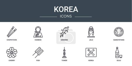 Illustration for Set of 10 outline web korea icons such as chopsticks, hanbok, ginseng, jeju, samgyetang, cherry, fish vector icons for report, presentation, diagram, web design, mobile app - Royalty Free Image