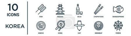 conjunto de iconos de esquema de Corea, como peces de línea fina, soju, bungeoppang, gong, bibimbap, hurones, iconos de kimchi para el informe, presentación, diagrama, diseño web
