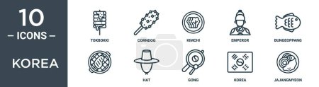 conjunto de iconos de esquema de Corea incluye la línea delgada tokbokki, corndog, kimchi, emperador, bungeoppang,, iconos de sombrero para el informe, presentación, diagrama, diseño web