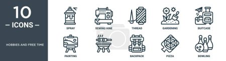 hobbies and free time outline icon set includes thin line spray, sewing hine, thread, gardening, suitcase, painting, icons for report, presentation, diagram, web design