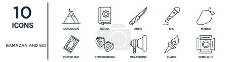 ramadan and eid outline icon set such as thin line landscape, knife, mango, strawberries, flame, spotlight, prayer mat icons for report, presentation, diagram, web design