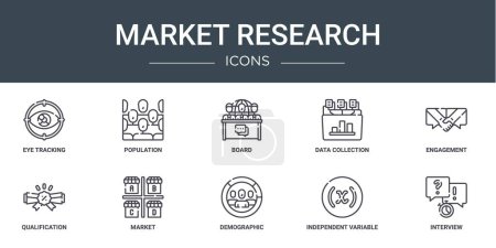 set of 10 outline web market research icons such as eye tracking, population, board, data collection, engagement, qualification, market vector icons for report, presentation, diagram, web design,