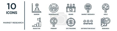 market research outline icon set such as thin line margin, board, agile, primary, satisfaction scale, research, objective icons for report, presentation, diagram, web design