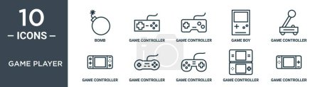 game player outline icon set includes thin line bomb, game controller, game controller, boy, controller, icons for report, presentation, diagram, web design