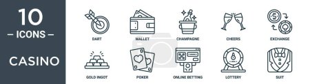jeu d'icônes de contour de casino comprend fléchettes minces, portefeuille, champagne, acclamations, échange, lingot d'or, icônes de poker pour rapport, présentation, diagramme, conception web
