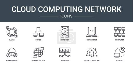 set of 10 outline web cloud computing network icons such as cable, device, hard disk, wifi router, computer, management, shared folder vector icons for report, presentation, diagram, web design,