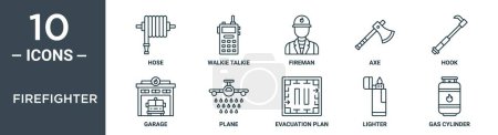 firefighter outline icon set includes thin line hose, walkie talkie, fireman, axe, hook, garage, plane icons for report, presentation, diagram, web design