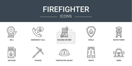set of 10 outline web firefighter icons such as bell, emergency call, building on fire, shield, water tower, matches, pickaxe vector icons for report, presentation, diagram, web design, mobile app