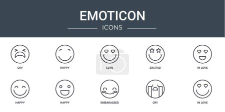 Illustration for Set of 10 outline web emoticon icons such as cry, happy, love, excited, in love, happy, happy vector icons for report, presentation, diagram, web design, mobile app - Royalty Free Image