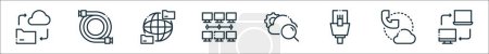 esquema conjunto de iconos de línea de red de computación en nube. iconos vectoriales lineales como copia de seguridad, cable, carpeta compartida, ordenador, búsqueda, Ethernet, llamada telefónica, transferencia de datos