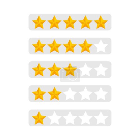 Illustration for Vector yellow stars of the rating system on a white background. Abstract neumorphism material design star set of achievements rank scale. Customer Product Rating Review. Vector illustration - Royalty Free Image