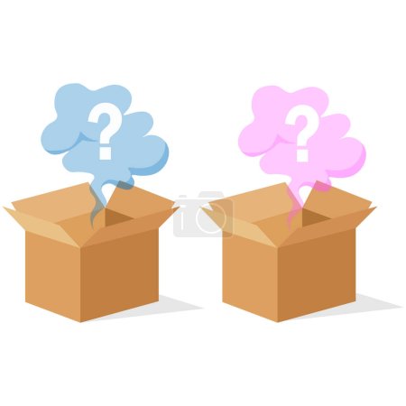 a question mark in glowing light emerges from a corrugated cardboard box. Vector illustration