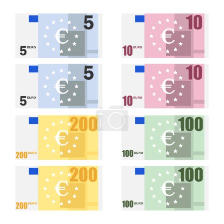 All 5, 10, 100,200, euro banknotes, euro banknotes. Euro banknotes. Simple flat style. Vector graphic illustration.