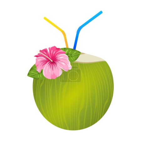 Exotic coconut cocktail with white wallpaper. Vector illustration
