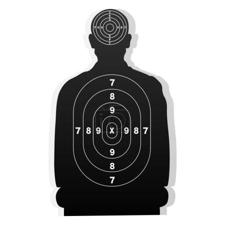 Hombre dispara al blanco. Campo de tiro para armas de fuego y tiro con arco practicando la silueta del torso humano. Ilustración vectorial