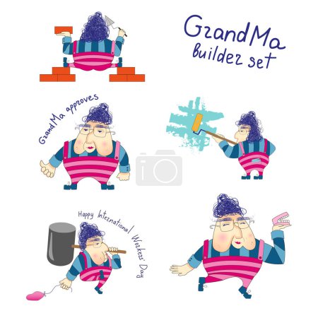 Cartoon active grandma set. Concept of happy older years. Ready character for your brand. Isolated. Vector.