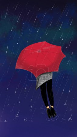 The image is a woman with a red umbrella in the rain, a sad scene where she hopes for something, despite the conditions that surround her.