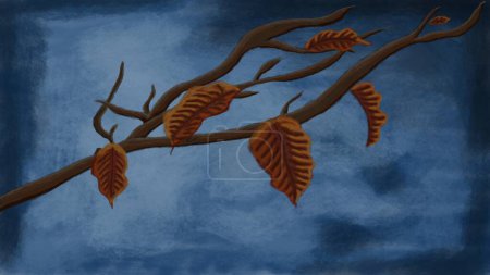 Digital illustration of a branch with its autumn leaves, on a cold night