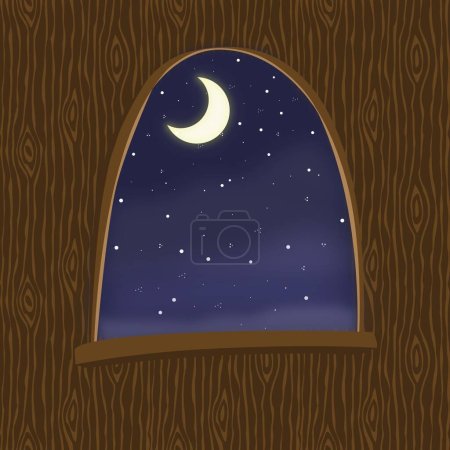 Window with a view of the night sky where a C-shaped moon is seen