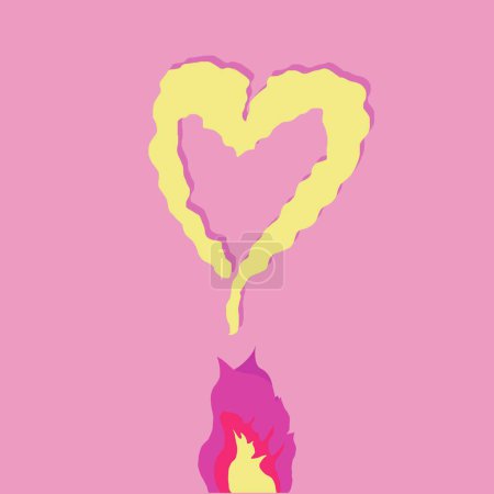 Pink fire and smoke heart. The image is a romantic illustration with pink and yellow tones, of a pink fire that generates a heart of smoke