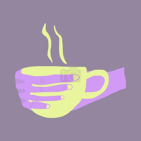 Vector illustration about a hand with a cup in purple, lilac and yellow colors