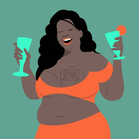 illustration about a fat dark-skinned woman having fun at a party. The image works on concepts such as: Diversity, inclusion, self-love, empowerment, feminism, freedom