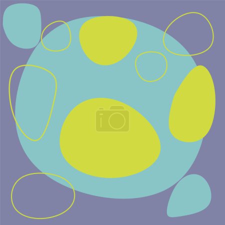 lila Hintergrund mit gelben, hellblauen abstrakten Formen mit Füllungen und Linien