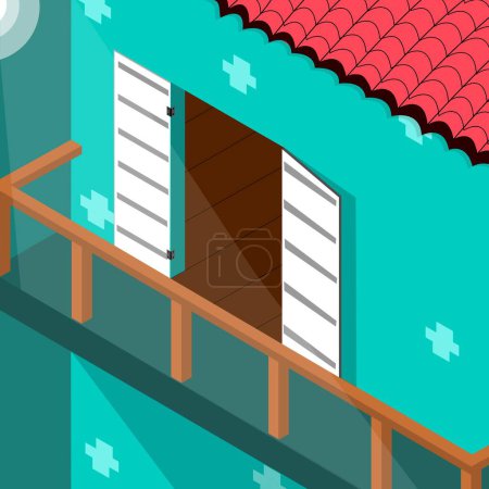 Téléchargez les illustrations : L'image se compose d'un bâtiment avec un balcon, l'avion est presque au-dessus, et il fait nuit - en licence libre de droit