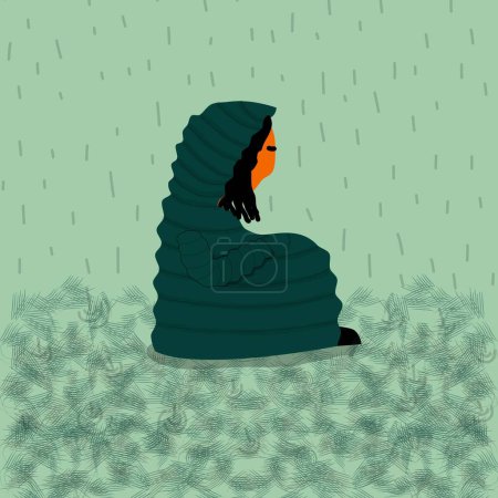 The image consists of a person sitting on the ground, under the rain, with a windbreaker jacket that covers them completely.