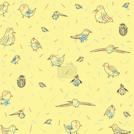 The image consists of a print with hand-drawn birds and unfilled lines, in soft colors