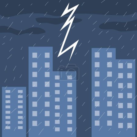 Intense scene of a stormy sky with lightning bolt striking buildings in a cityscape, rendered in desaturated blue tones. Captivating and ominous atmosphere depicting the power and majesty of nature