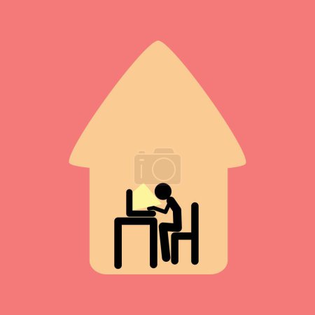 Icono minimalista que representa a una persona que trabaja en una computadora desde casa. La ilustración retrata la naturaleza sedentaria del trabajo remoto, con la persona encorvada sobre la computadora, simbolizando los desafíos de largas horas frente a una pantalla.