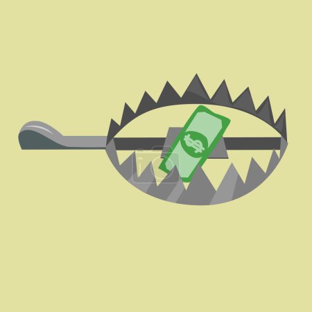 Illustration d'un piège à ours avec un billet d'un dollar utilisé comme appât, symbolisant les pièges financiers et l'esclavage des salaires. L'image représente métaphoriquement l'attrait de l'argent conduisant à la captivité.