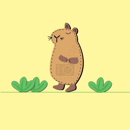 Ilustración adorable de un capibara representado como si estuviera bordado, rodeado de caprichosos dibujos de plantas en un estilo encantador y acogedor, evocando una sensación de calidez y belleza natural.