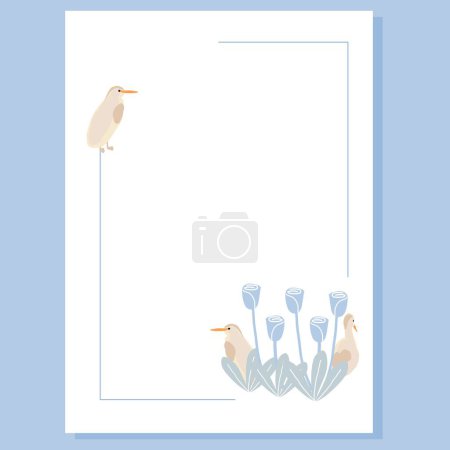 Téléchargez les illustrations : Carte de vœux verticale ornée d'oiseaux bleus doux et de fleurs délicates dans des tons pastel doux. Parfait pour transmettre sérénité, douceur et élégance naturelle dans vos créations - en licence libre de droit