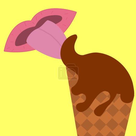 Close-up of a mouth with a tongue licking a chocolate ice cream cone, creating a tempting and indulgent scene. Perfect for illustrating the enjoyment of sweet treats and summertime desserts