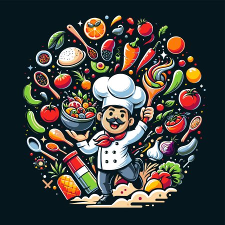 Chef character with vegetables and fruits. Vector illustration in cartoon style