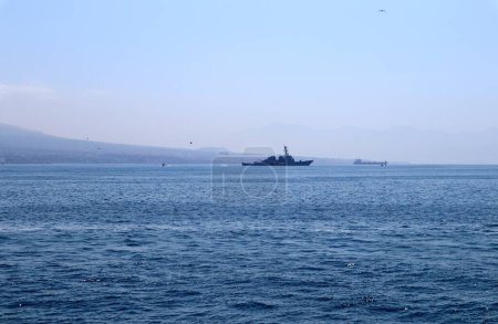 Photo for Naples, Campania, Italy - May 12, 2022: Warship in the Gulf of Naples seen from the hydrofoil bound for Ischia - Royalty Free Image