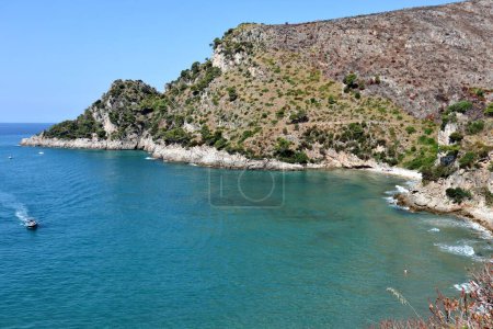 Photo for Gaeta, Lazio, Italy  September 5, 2021: Flacca Antica beach on the Itri coast from the mid-coast path that connects the Piana di Sant'Agostino with the Baia delle Sirene - Royalty Free Image