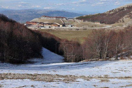 Campitello Matese, Molise, Italy - March 8, 2024: Ski resort on Monte Miletto almost deserted due to lack of snow
