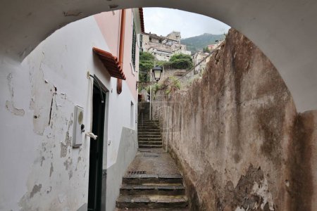 Maiori, Campania, Italy  16 April 2024: Panoramic view from Via Accola, a long staircase that goes up to the Castle of San Nicola de Thoroplano, built in the 9th century, which dominates the village of Maiori