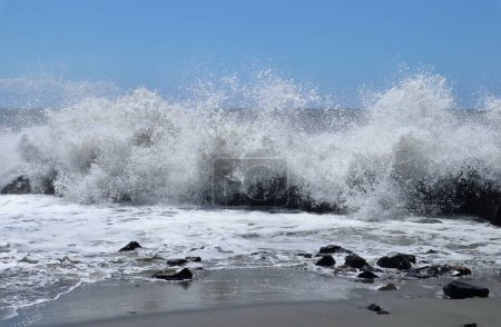 Lido di Ostia, Lazio, Italy - May 3, 2024: Lungomare Duca degli Abruzzi beach with rough sea