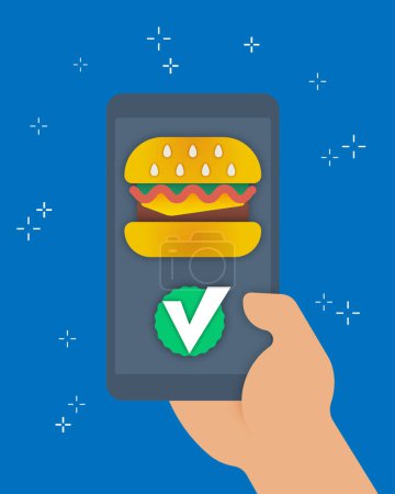 Smartphone en las manos con una foto de ordenar una hamburguesa en línea en la pantalla