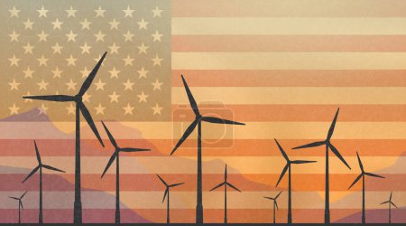 Wind turbines with a waving USA flag in background