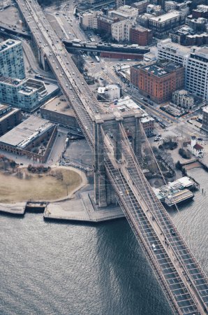 Photo taken from helicopter to the Brooklyn Bridge , New York , on February 17, 2020