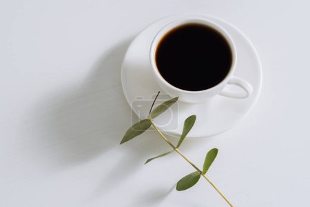 Foto de Café negro en taza blanca con platillo y rama de eucalipto sobre mesa - Imagen libre de derechos