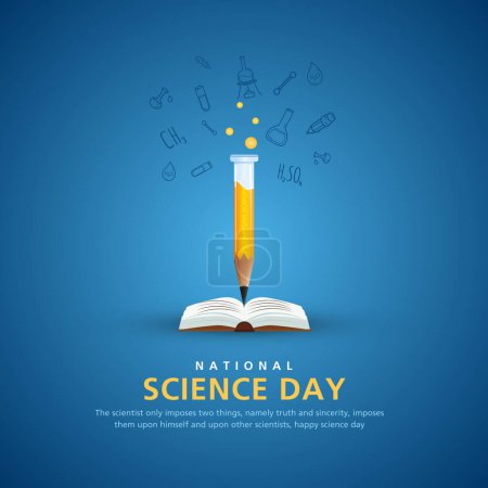 Nationaler Wissenschaftstag Hintergrundgestaltung mit wissenschaftlichem Zeug. Bleistift mit Reagenzglas.